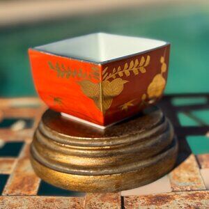 Art Deco Kyoto Ware Signed Red & Gold Square Porcelain Cups 3+1 Japanese Export